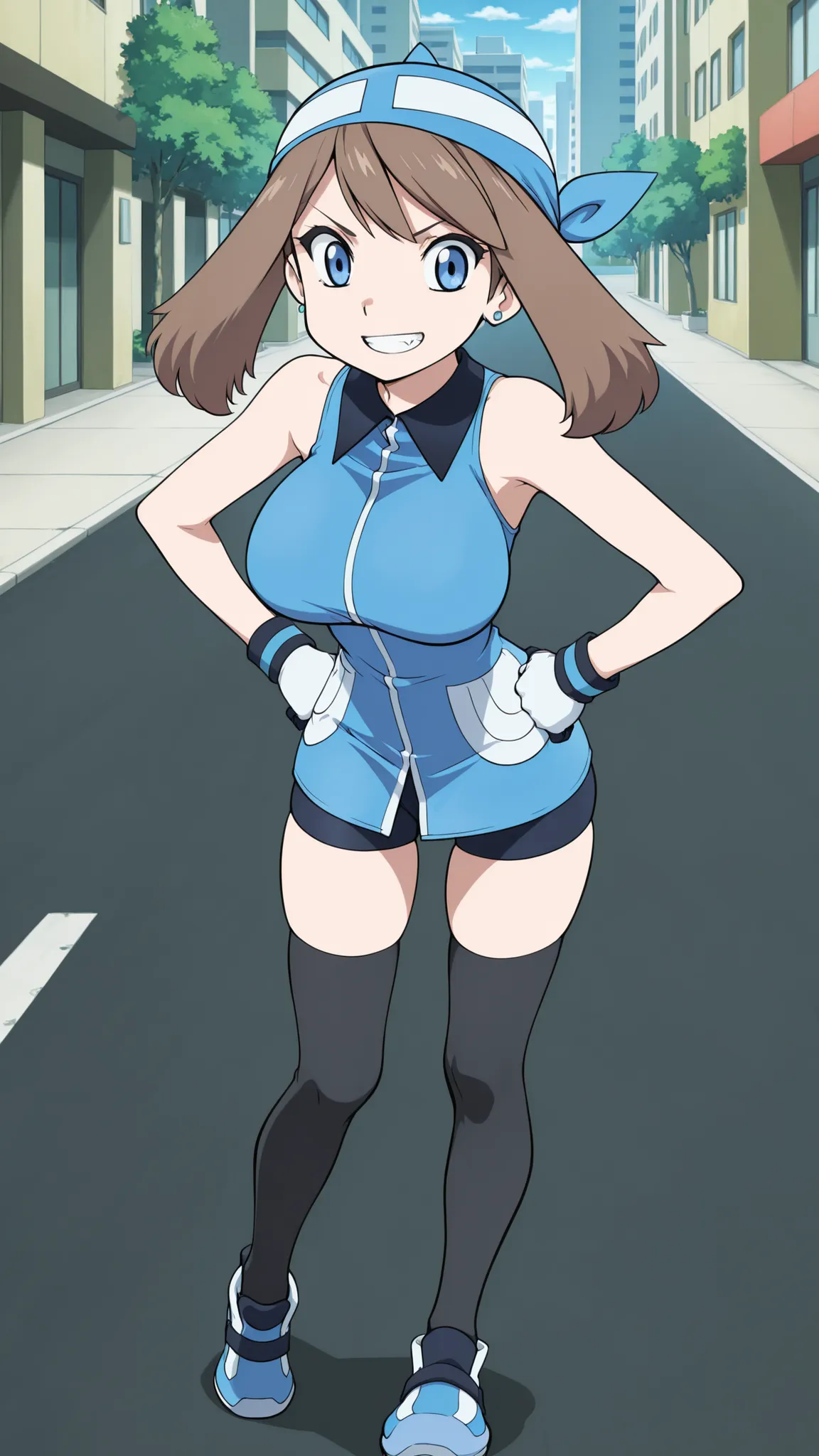 adult older sister, Tall, big boobs,  jam one's hands on one's hips, black knee-high stockings, Absolute region, thighs, Blue shoes, blue bandana, blue sleeveless tunic, Miwaki, black mini bike shorts, gloves, ((top quality)), ((masterpiece)), ((details)),...