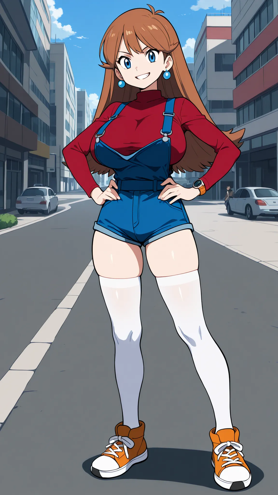 adult older sister, Tall, big boobs, slim sexy body that can be licked by mobs, jam one's hands on one's hips, orange sneakers with hee-cups, bare hands, red long sleeve knitted shirt, blue overalls denim overalls, white knee-high stockings, Absolute regi...