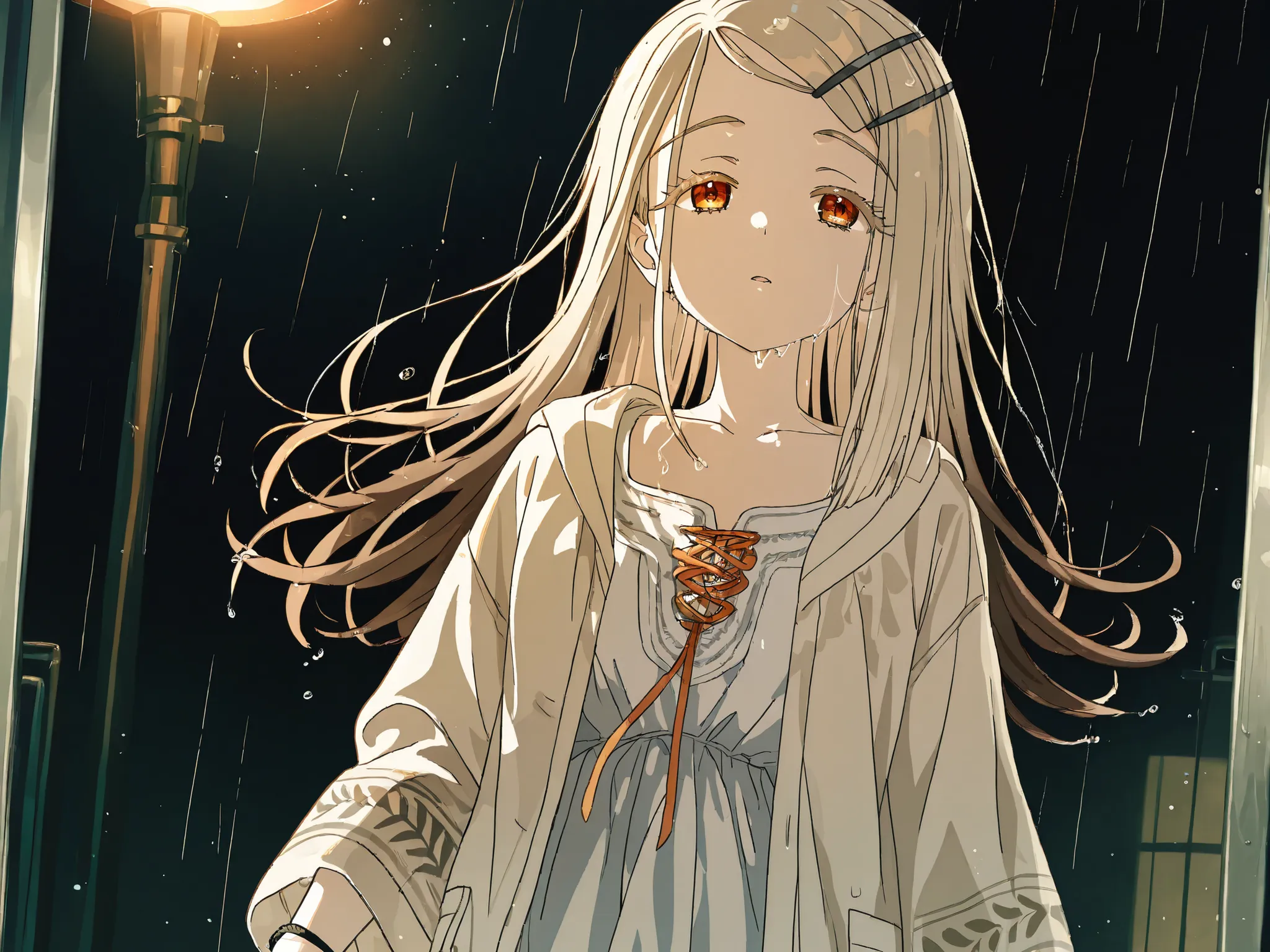 High quality, masterpiece, Hiro Shinosawa from Gakuen Idolmaster, a single delicate slender girl with long flowing cream-colored hair, orange eyes, voluminous eyelashes, depicted in a bust-up composition focusing on her upper body, in a bohemian, hippie-st...