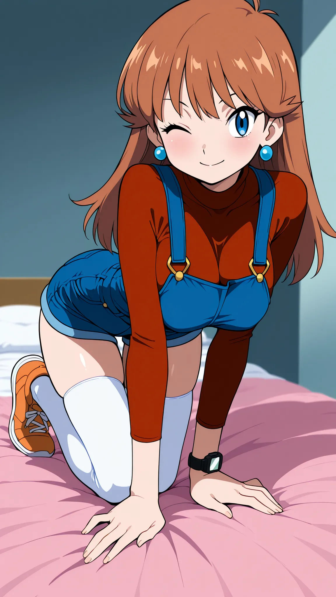 adult older sister, Tall, big boobs, slim sexy body that can be licked by mobs, stand on all fours, orange sneakers with hee-cups, bare hands, red long sleeve knitted shirt, blue overalls denim overalls, white knee-high stockings, Absolute region, thighs, ...