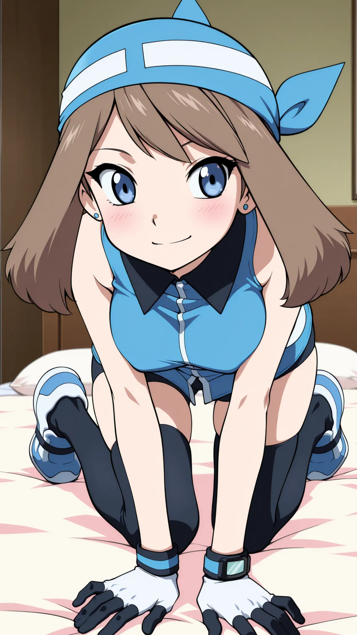 adult older sister, Tall, big boobs,  stand on all fours, black knee-high stockings, Absolute region, thighs, Blue shoes, blue bandana, blue sleeveless tunic, Miwaki, black mini bike shorts, gloves, wink, Close one eye, ((top quality)), ((masterpiece)), ((...
