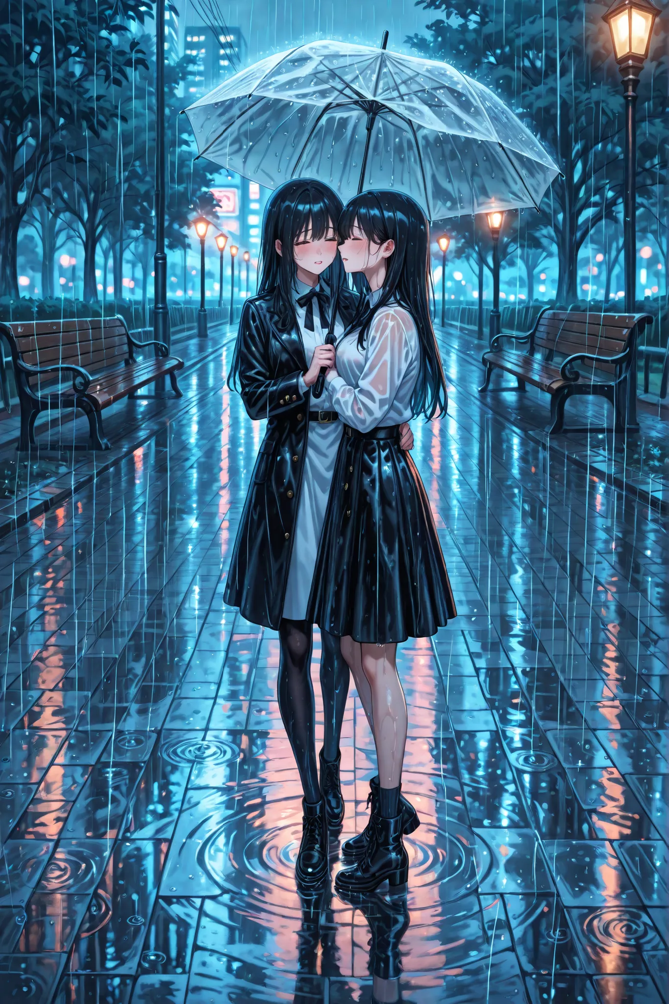 a man and a woman standing face to face in a park at night in the rain, both holding umbrellas, emotional tension between them, soft reflections on the wet pavement, glowing streetlights filtering through the rain, gentle rain falling, moody and cinematic ...