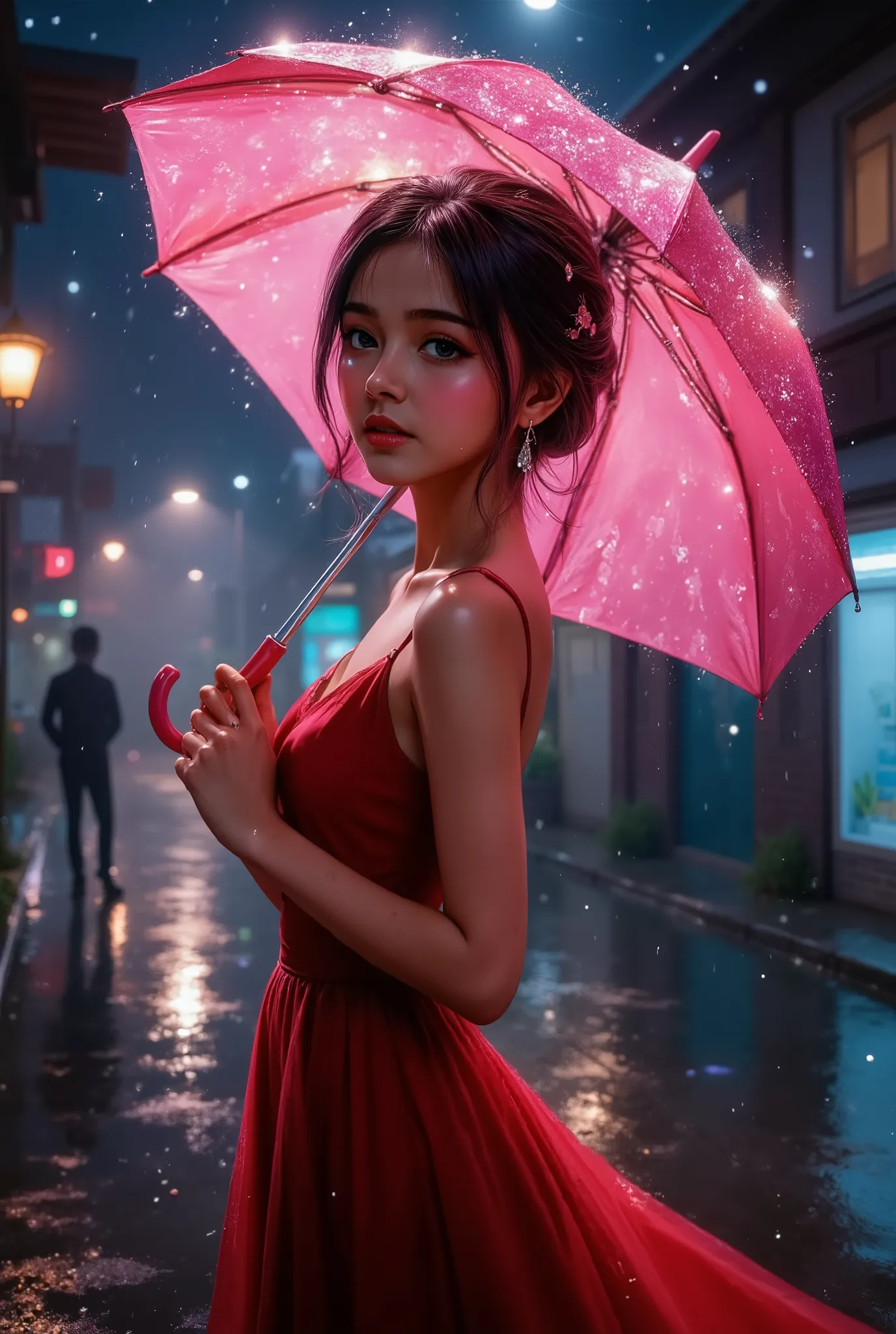 shinyya1, hujan, malam hari, pov, basah, dress merah, idola, hiasan rambut, payung, payung pink latex