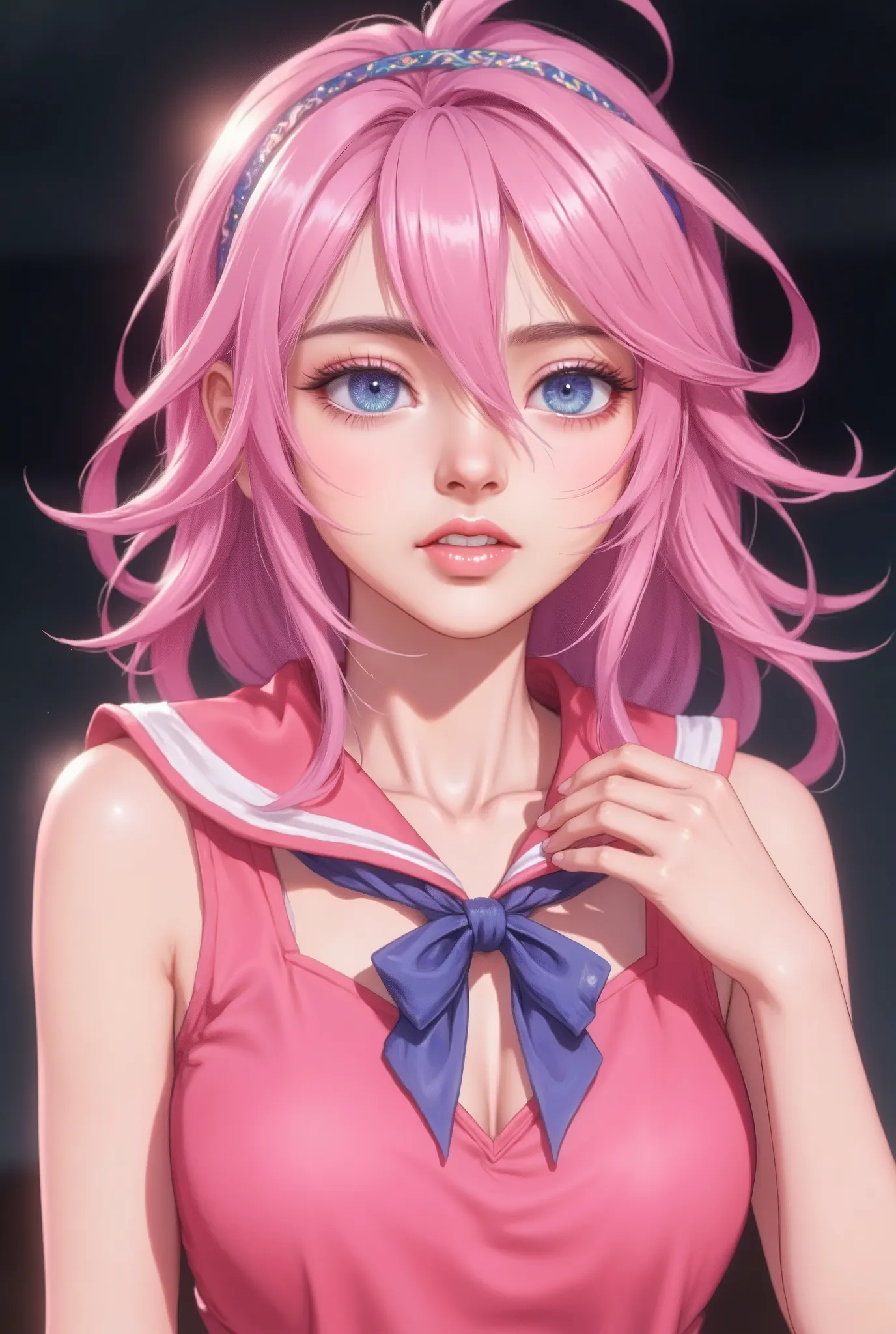 masterpiece,best quality,amazing quality,very aesthetic, absurdres, highres, newest, anime screencap,anime coloring,solo, reiju angry face, blank eyes,angry, clenched teeth, BREAK, reiju, 1girl, blue eyes, pink hair, hairband, hair over one eye, neckerchie...