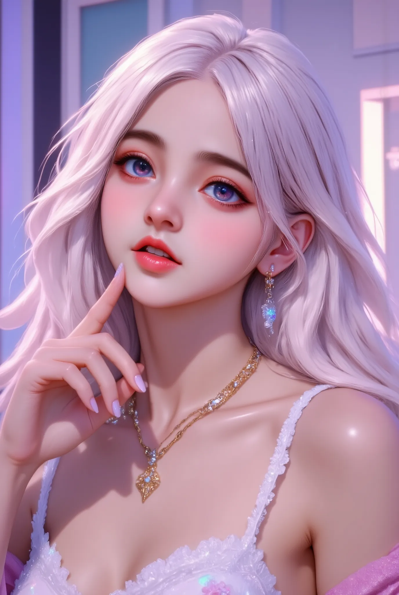 shinyya1,smooth skin,1girl,glowing eyes,A hyper-realistic portrait of a stunning supermodel, featuring a beautifully detailed face with captivating eyes and a serene expression,Midjourney_Whisper,The image is low quality, dimly lit, and amateurish, but cap...