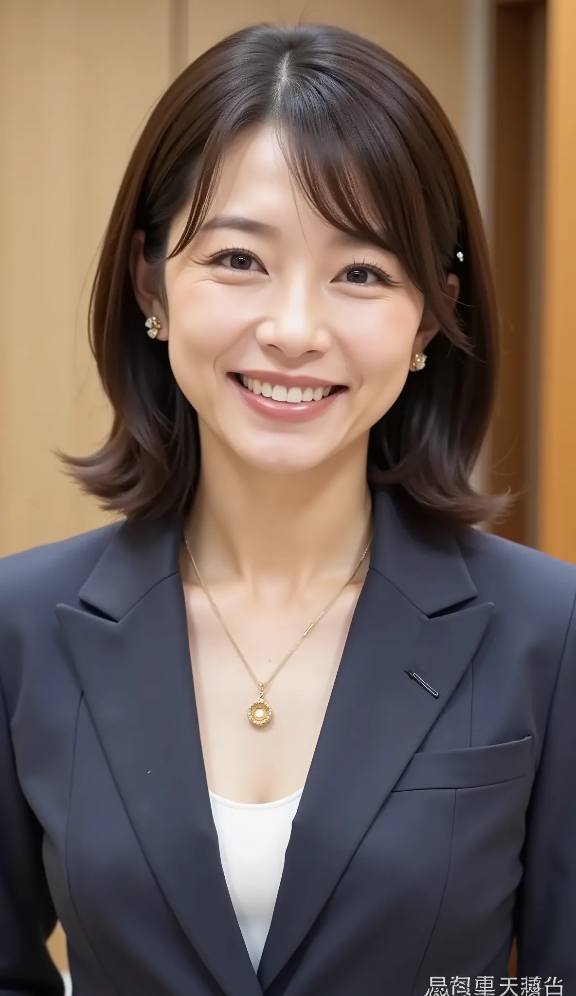 nsfw、From front、Japanese in a グレーcollarless suit、looking at the camera、25-year-old female minister、、hairstyle shortcuts、wavy hair、Ear piercings、necklace、、during regular press conference、(bust up shot:1.5)、、Smiling Face Showing Teeth Video Generation