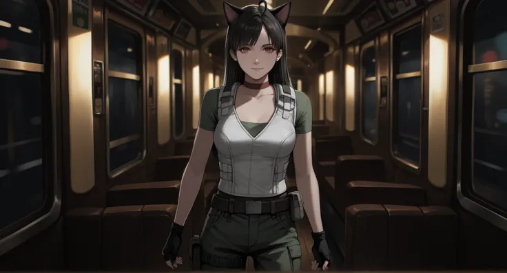 Rebecca Chambers from resident evil, masterpiece, best quality, 1girl, solo, rbchm, ((cat girl, cat black ears)), (red eyes), (long hair), (( black hair, (Ahoge), straight bangs,)), , with a black off-shoulder blouse,short black skirt,, stud earrings, red...