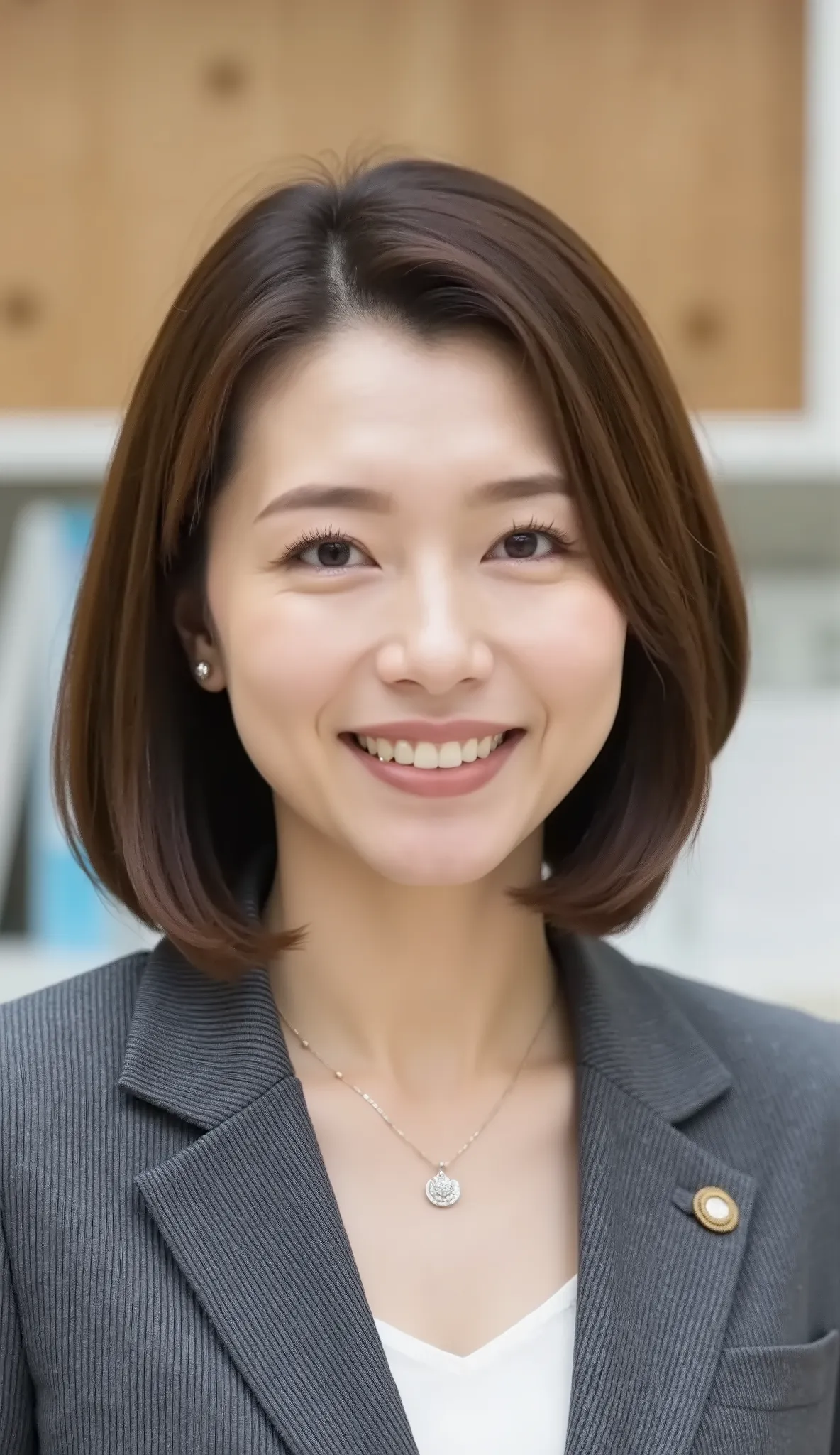 nsfw、From front、Japanese in a グレーcollarless suit、カメラ目線、25-year-old female minister、A-line bob(angled bob・inverted bob)耳にピアス、ネックレス、、during regular press conference、(bust up shot:1.5)、、歯を見せた笑顔