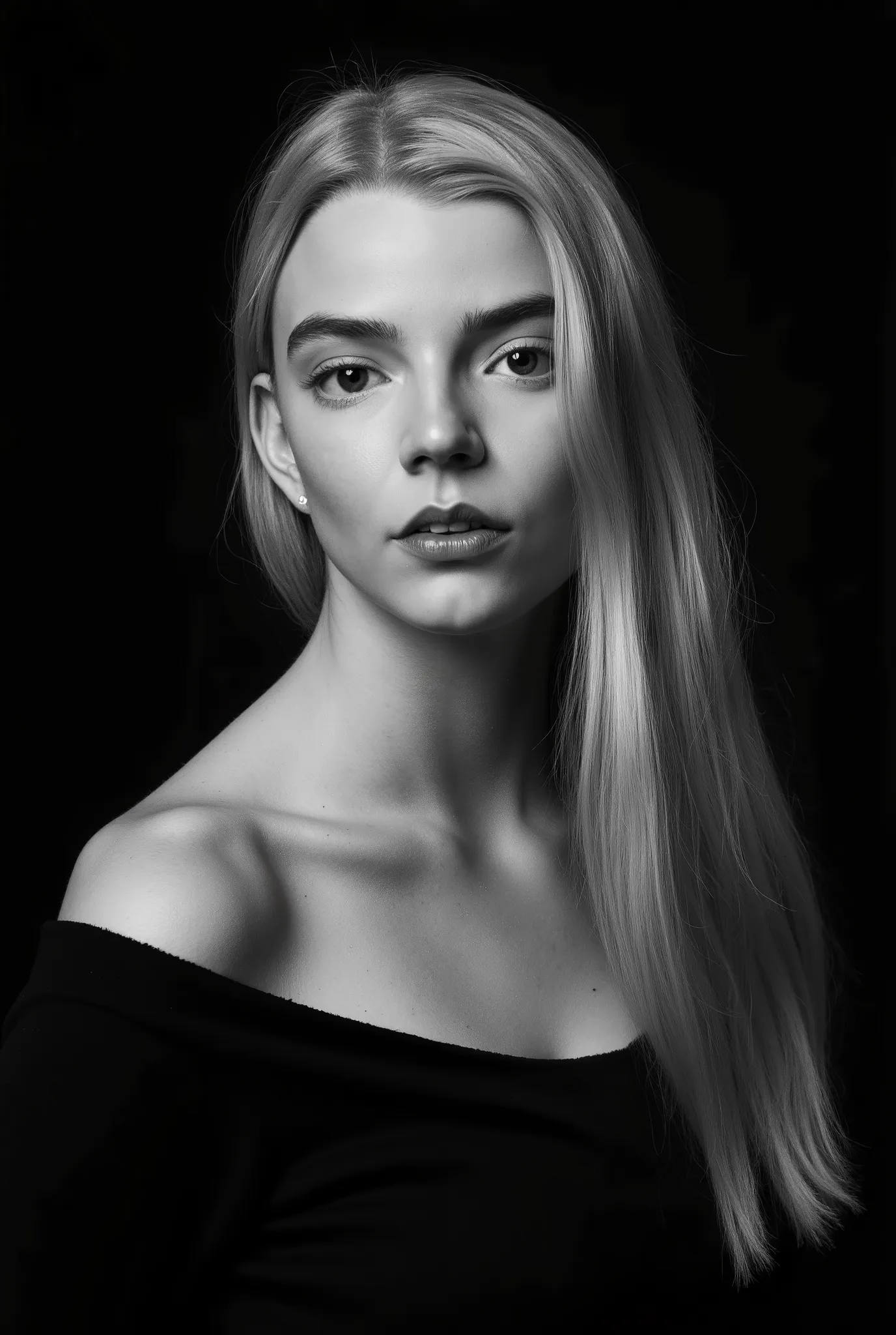 In a monochromatic setting, a girl showcases striking long, blonde hair that flows freely over their shoulders. The hair is characterized by its smooth texture and subtle layers, catching the light in gentle highlights that contrast against a shadowy backd...