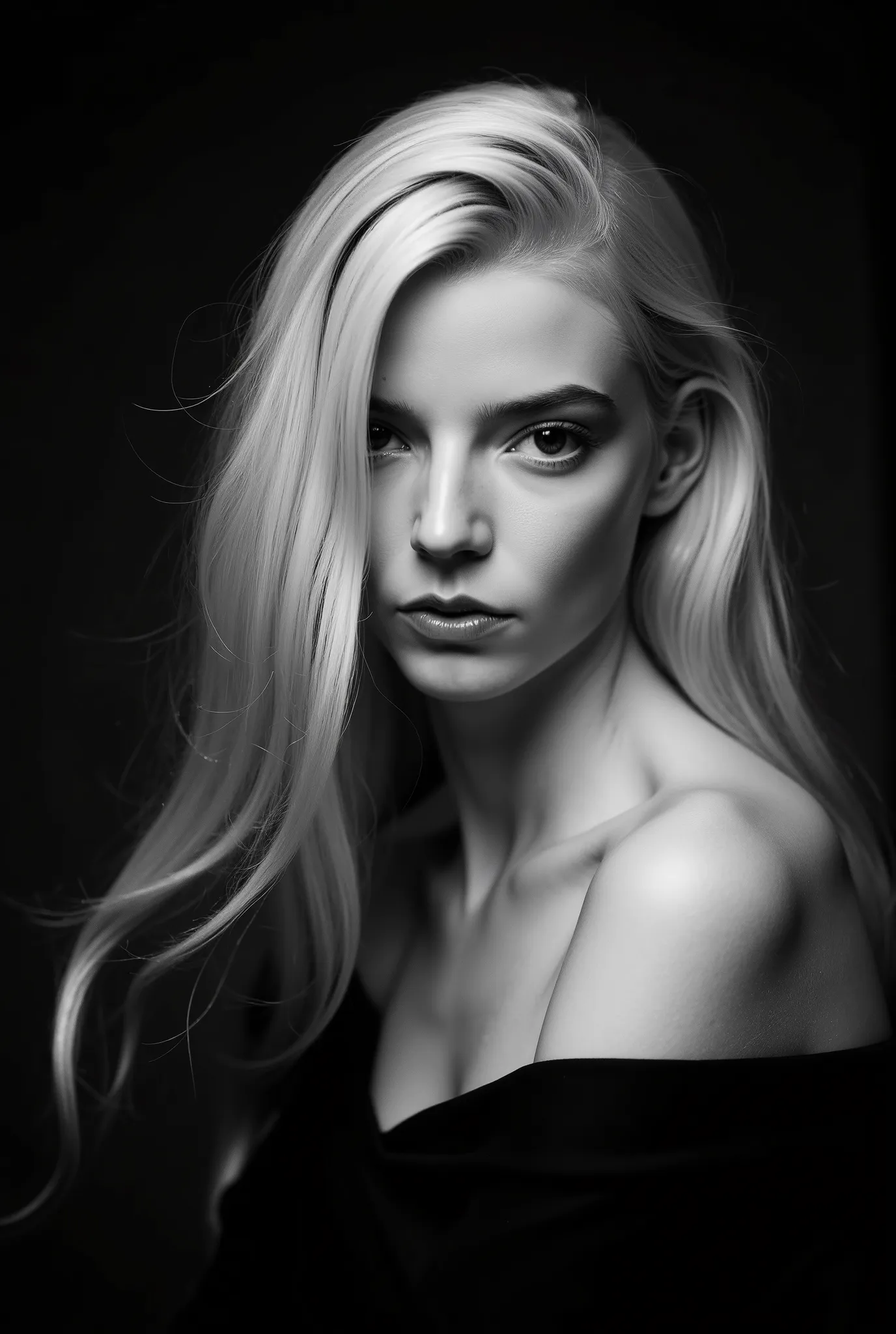 In a monochromatic setting, a girl showcases striking long, blonde hair that flows freely over their shoulders. The hair is characterized by its smooth texture and subtle layers, catching the light in gentle highlights that contrast against a shadowy backd...