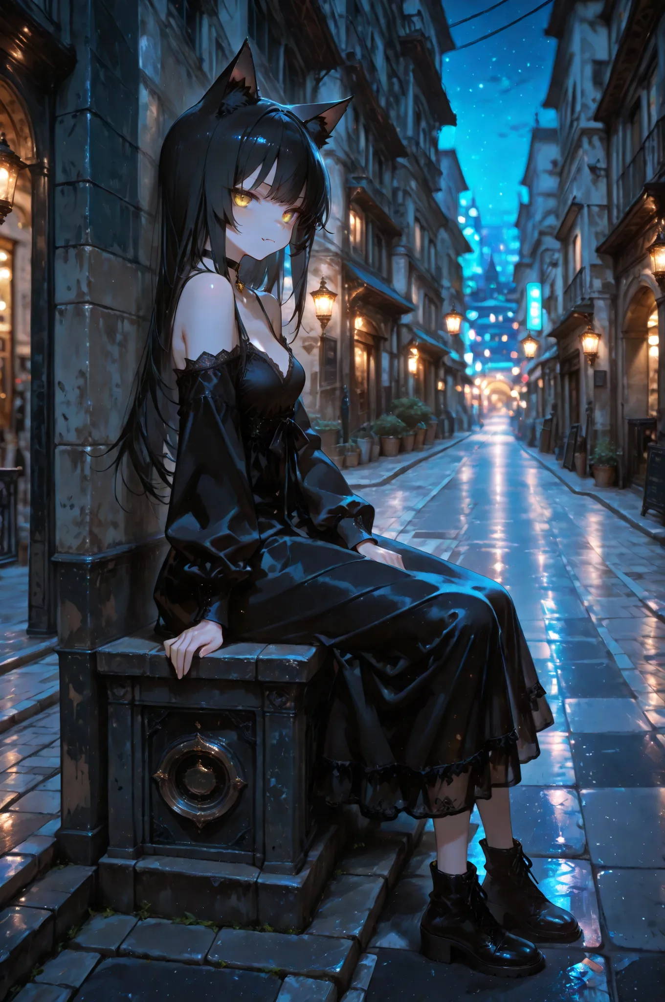 1girl ,animal ears ,bare shoulder ,black dress ,black hair ,blurry ,blurry background ,breasts ,cat ears ,cat girl ,closed mouth ,choker ,dress ,fang ,from side ,full body ,long hair ,looking at viewer ,night ,small breasts ,sitting ,street Corner ,town ,y...