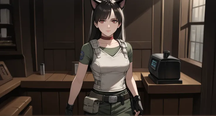 Rebecca Chambers from resident evil, masterpiece, best quality, 1girl, solo, rbchm, ((cat girl, cat black ears)), (red eyes), (long hair), (( black hair, (Ahoge), straight bangs,)), , with a black off-shoulder blouse,short black skirt,, stud earrings, red...