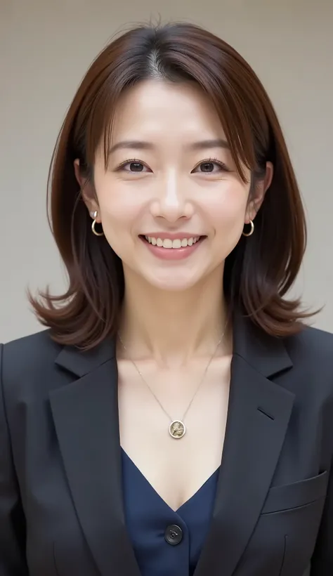 nsfw、From front、Japanese in a グレーcollarless suit、looking at the camera、25-year-old female minister、、hairstyle shortcuts、wavy hair、Ear piercings、necklace、、、during regular press conference、(bust up shot:1.5)、、Smiling Face Showing Teeth Video Generation

