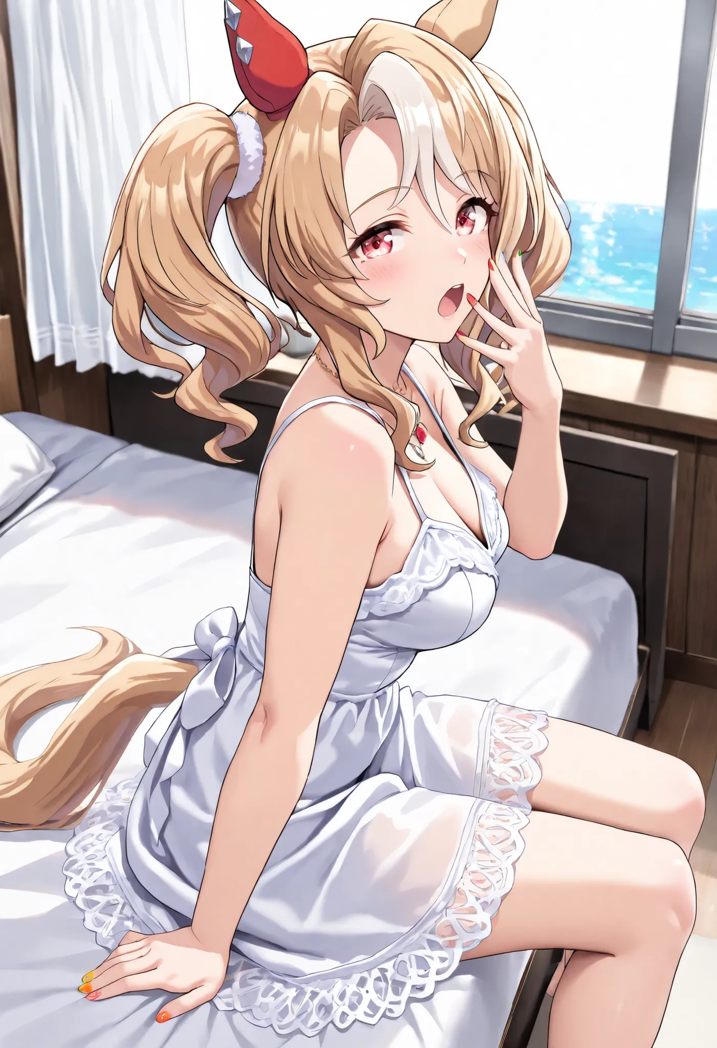 (masterpiece, best quality, perfect face:1.4), wide angle, fusaichi_pandora\(umamusume\), 1girl, floating hair, twintails, white hair bobbles, horse ears, (((two-tone ear covers)), multicolored nails, horse tail, tail on the lower back, proportional body, ...