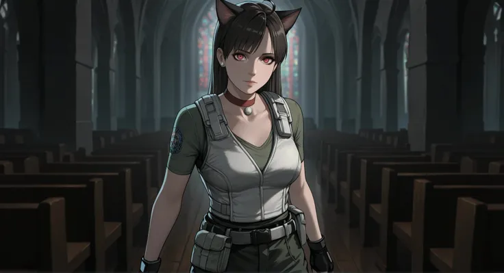 Rebecca Chambers from resident evil, masterpiece, best quality, 1girl, solo, rbchm, ((cat girl, cat black ears)), (red eyes), (long hair), (( black hair, (Ahoge), straight bangs,)), , with a black off-shoulder blouse,short black skirt,, stud earrings, red...