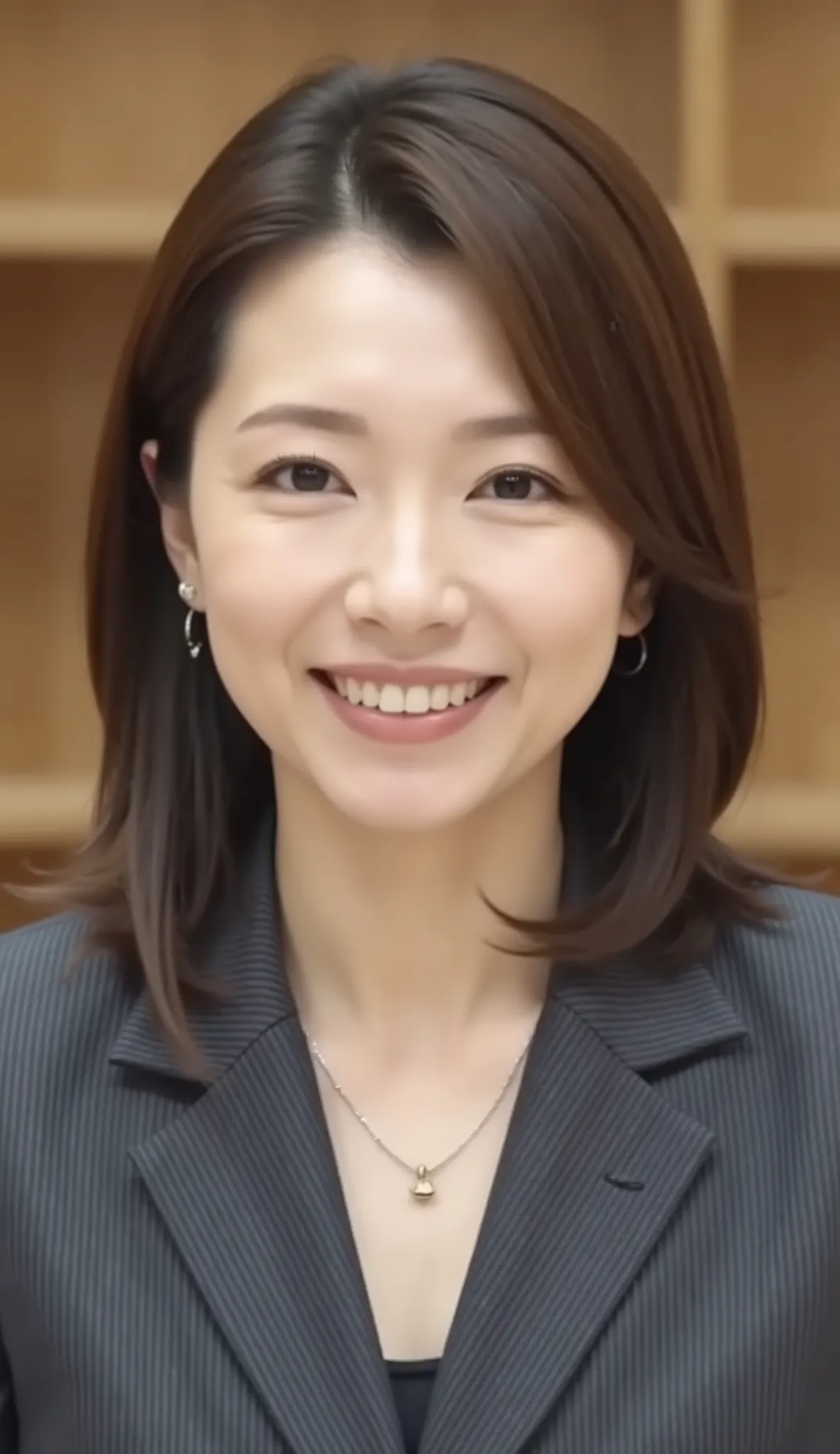 nsfw、From front、Japanese in a グレーcollarless suit、looking at the camera、25-year-old female minister、、hairstyle shortcuts、wavy hair、Ear piercings、necklace、、、during regular press conference、(bust up shot:1.5)、漆黒の髪、Smiling Face Showing Teeth Video Generation