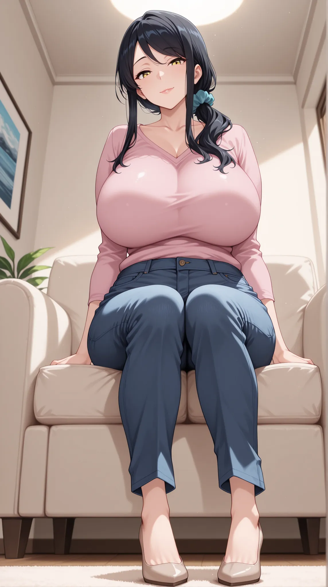 Masterpiece, high detail, very hd, best quality, semirealistis, ray trecing, solo, 1girl, detail face, detail hair, touko yotsuya, long hair, black hair, hair ornament, yellow eyes, ponytail, scrunchie, hair over shoulder, sidelocks,,looking at viewer, hug...