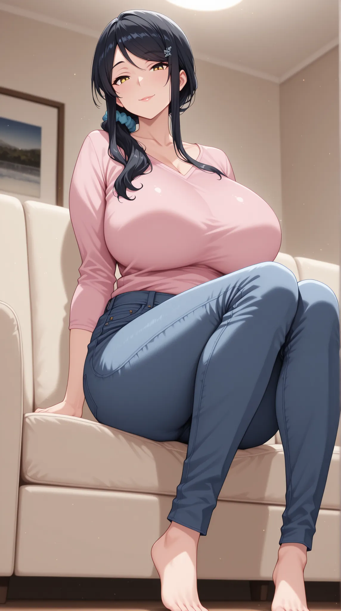 Masterpiece, high detail, very hd, best quality, semirealistis, ray trecing, solo, 1girl, detail face, detail hair, touko yotsuya, long hair, black hair, hair ornament, yellow eyes, ponytail, scrunchie, hair over shoulder, sidelocks,,looking at viewer, hug...