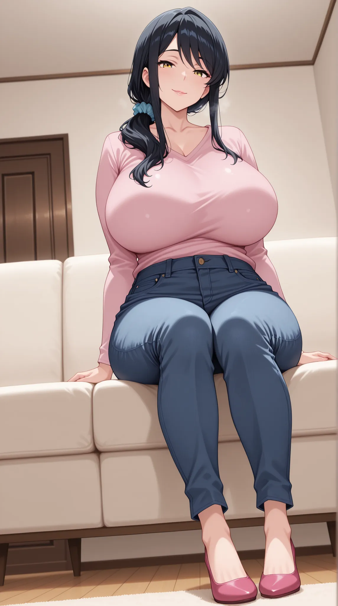 Masterpiece, high detail, very hd, best quality, semirealistis, ray trecing, solo, 1girl, detail face, detail hair, touko yotsuya, long hair, black hair, hair ornament, yellow eyes, ponytail, scrunchie, hair over shoulder, sidelocks,,looking at viewer, hug...