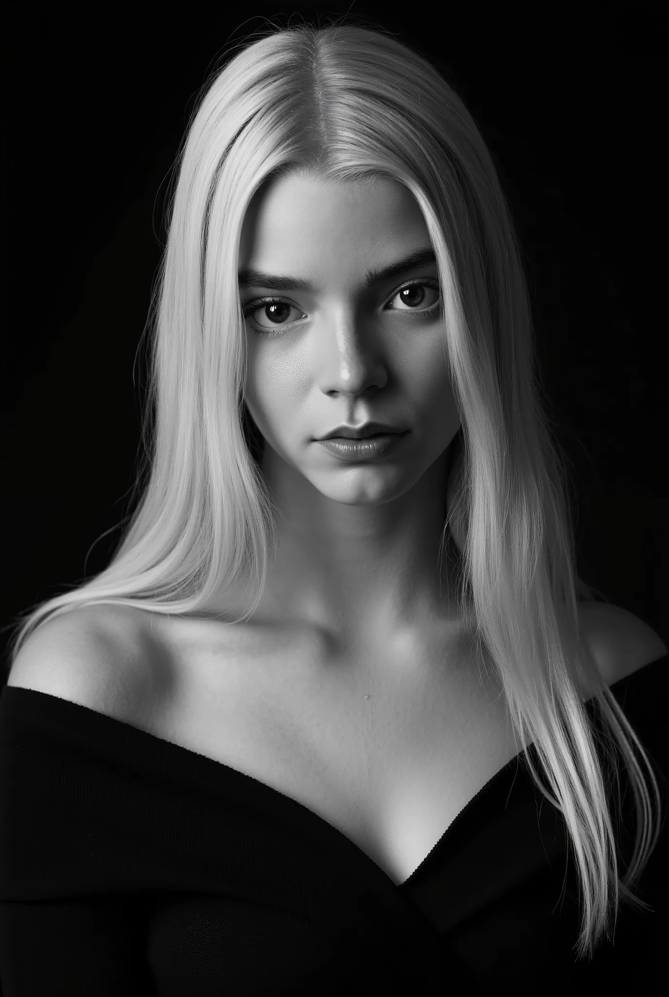 In a monochromatic setting, a girl showcases striking long, blonde hair that flows freely over their shoulders. The hair is characterized by its smooth texture and subtle layers, catching the light in gentle highlights that contrast against a shadowy backd...