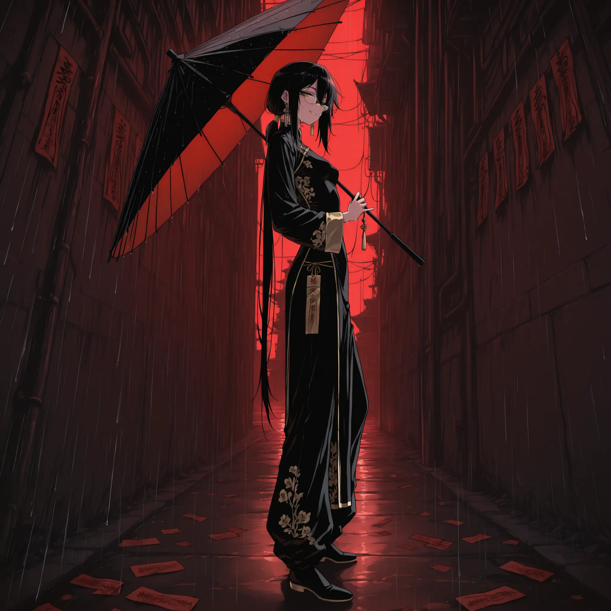 masterpiece, best quality, amazing quality, very aesthetic, foreshortening, 1 girl, teenage, taoist, wearing black and gold cheongsam, black long pants, very long sleeves, have black hair, long bangs, low ponytail, extremely long ponytail, narrowed eyes, y...