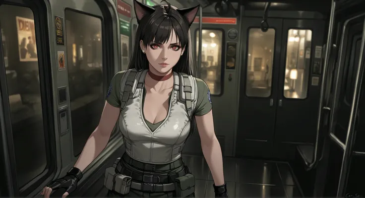 Rebecca Chambers from resident evil, masterpiece, best quality, 1girl, solo, rbchm, ((cat girl, cat black ears)), (red eyes), (long hair), (( black hair, (Ahoge), straight bangs,)), , with a black off-shoulder blouse,short black skirt,, stud earrings, red...
