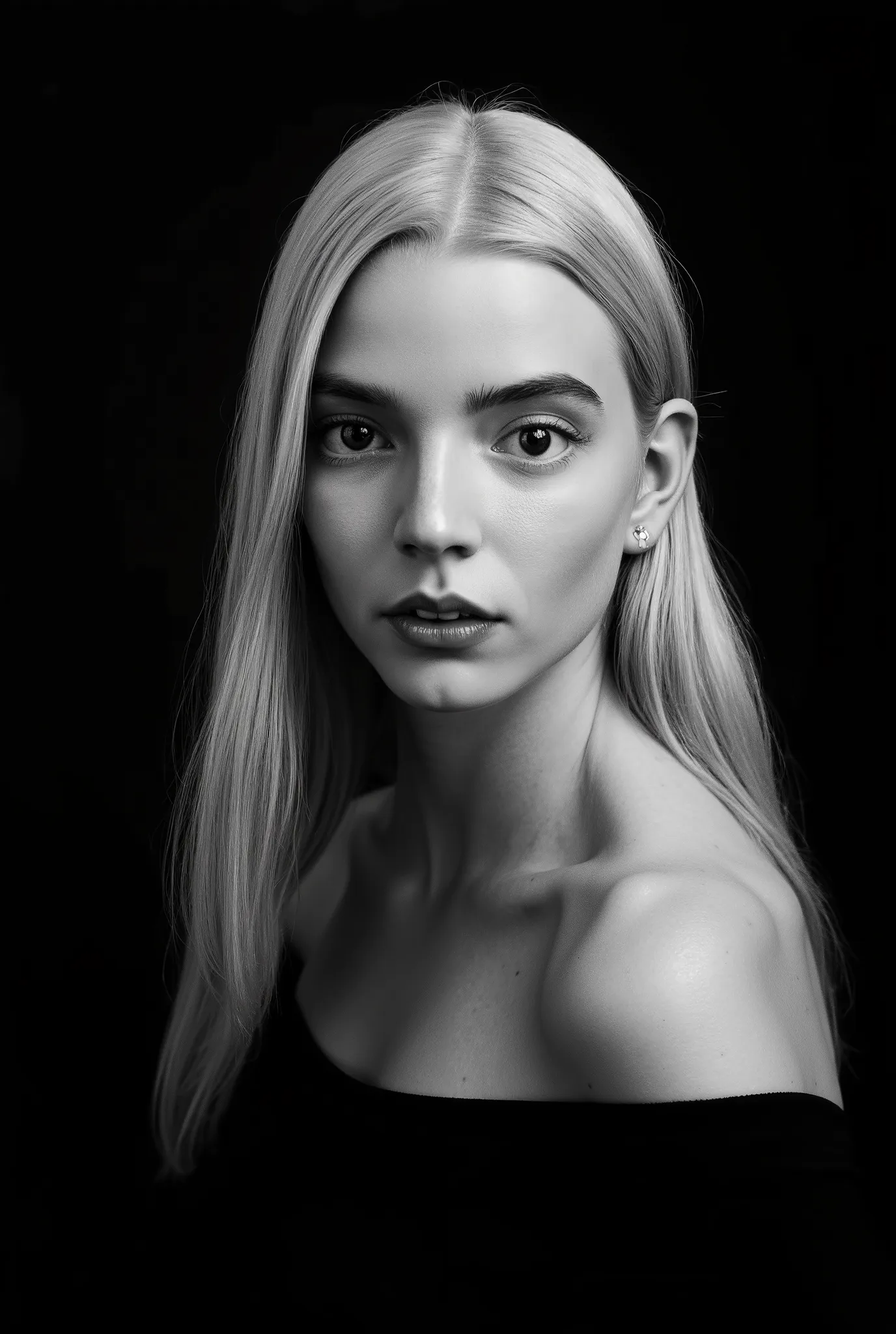 In a monochromatic setting, a girl showcases striking long, blonde hair that flows freely over their shoulders. The hair is characterized by its smooth texture and subtle layers, catching the light in gentle highlights that contrast against a shadowy backd...