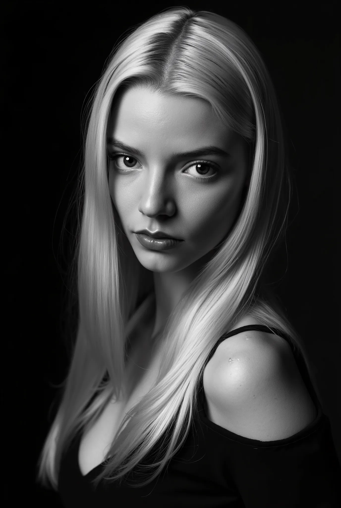 In a monochromatic setting, a girl showcases striking long, blonde hair that flows freely over their shoulders. The hair is characterized by its smooth texture and subtle layers, catching the light in gentle highlights that contrast against a shadowy backd...