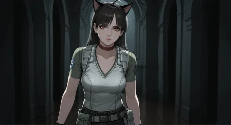Rebecca Chambers from resident evil, masterpiece, best quality, 1girl, solo, rbchm, ((cat girl, cat black ears)), (red eyes), (long hair), (( black hair, (Ahoge), straight bangs,)), , with a black off-shoulder blouse,short black skirt,, stud earrings, red...