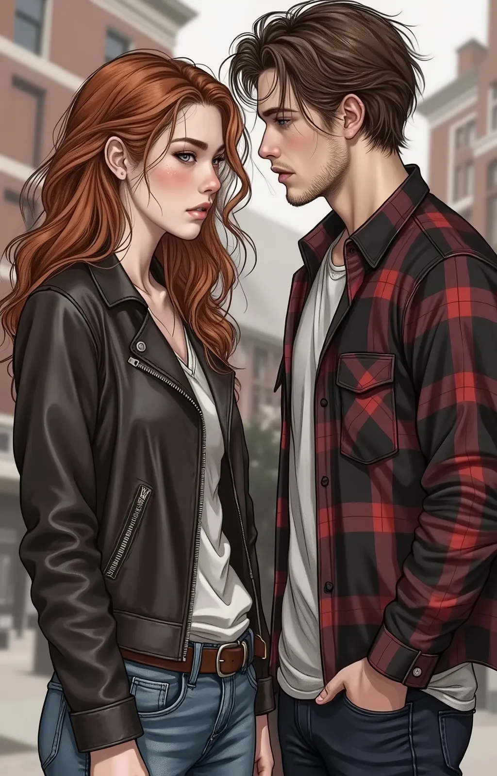 A couple on a university campus, she looks like Abigail Cowen (slightly disheveled wavy red hair, blue eyes and some freckles on her face) she's looking ahead with a vengeful look, she wears a leather jacket and jeans. The man looks like Milo Manheim, alto...
