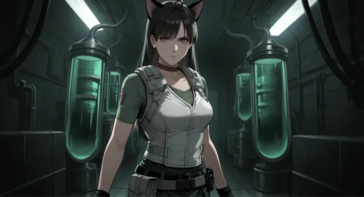 Rebecca Chambers from resident evil, masterpiece, best quality, 1girl, solo, rbchm, ((cat girl, cat black ears)), (red eyes), (long hair), (( black hair, (Ahoge), straight bangs,)), , with a black off-shoulder blouse,short black skirt,, stud earrings, red...