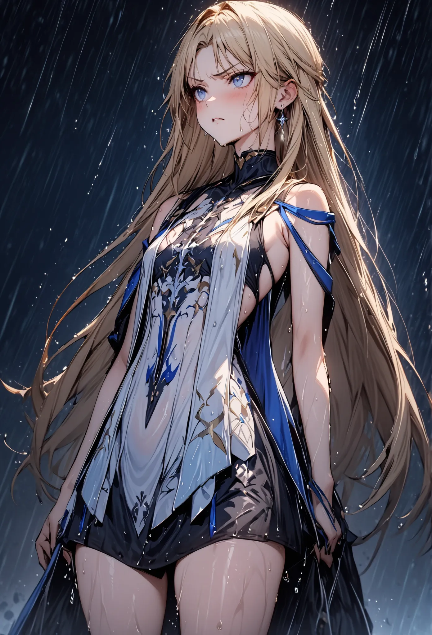 ((masterpiece, top quality:1.2)),(((1girl))),cowboy shot,A slender saint standing on the prairie at night when it rains,thin thighs,Blonde Straight,long hair,stupid hair, perfect blue eyes ,Beautiful skin,Saint&#39;s Clothes,silver earrings,Serious Express...