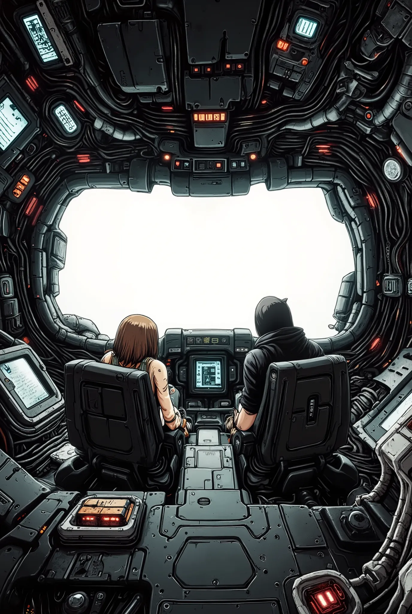 A high-quality masterpiece, stylized as a 90s anime with cel shading and no gradients. The interior of a small, rustic spaceship cockpit from a dystopian cyberpunk future (circa 2070). The cockpit is cramped, with exposed wires, matte black panels, old ste...