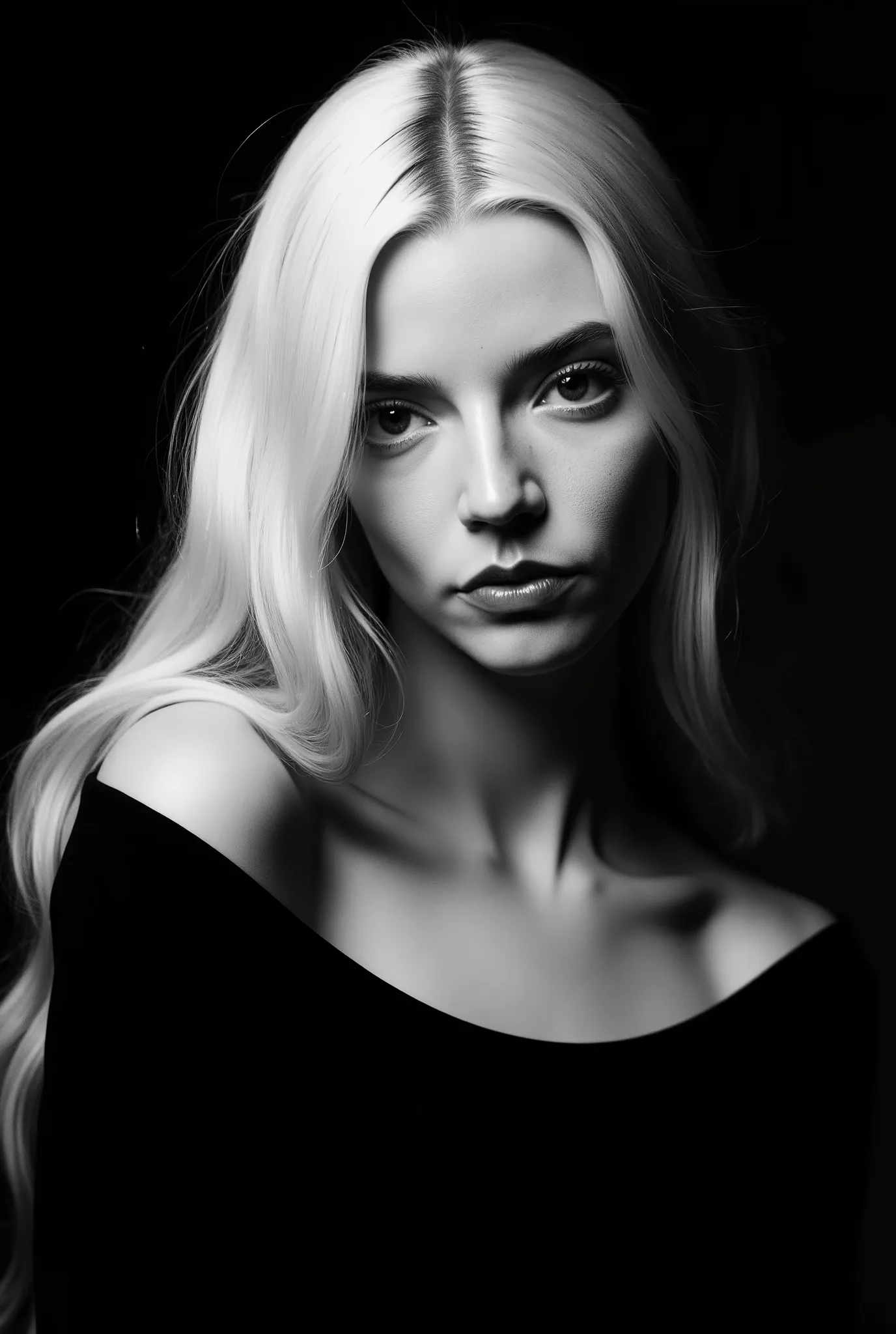 In a monochromatic setting, a girl showcases striking long, blonde hair that flows freely over their shoulders. The hair is characterized by its smooth texture and subtle layers, catching the light in gentle highlights that contrast against a shadowy backd...