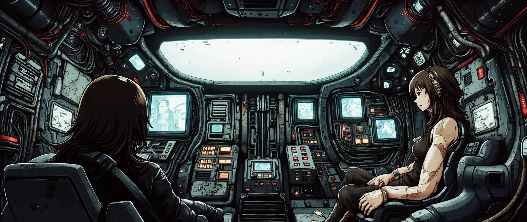 A high-quality masterpiece, stylized as a 90s anime with cel shading and no gradients. The interior of a small, rustic spaceship cockpit from a dystopian cyberpunk future (circa 2070). The cockpit is cramped, with exposed wires, matte black panels, old ste...