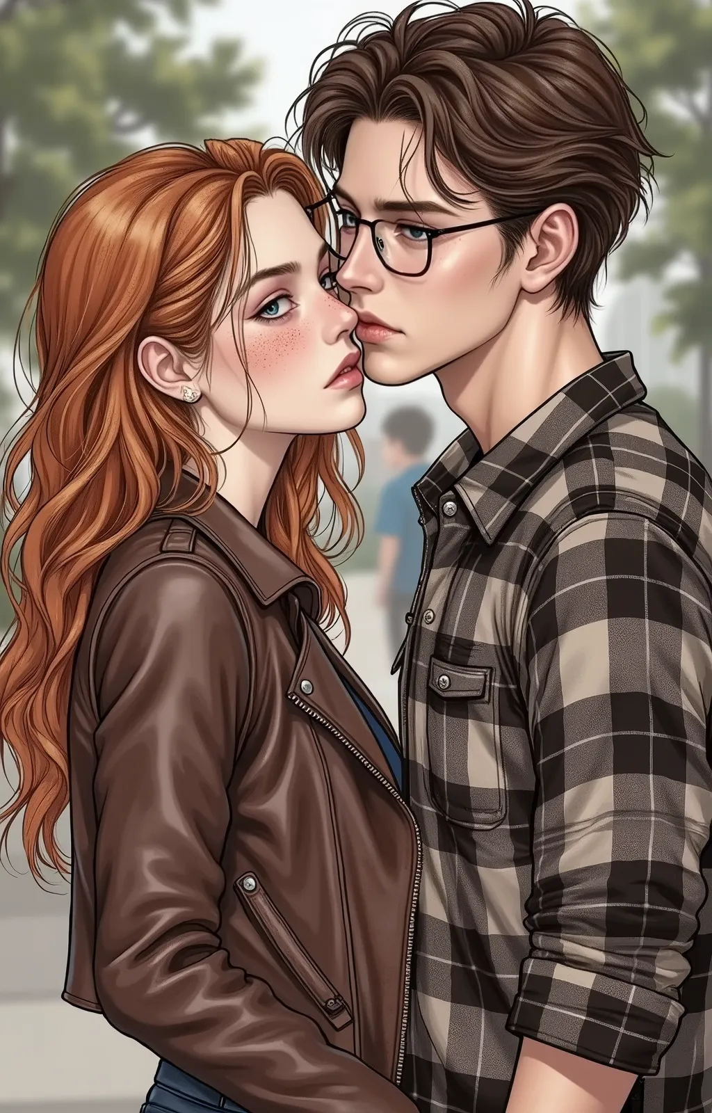 A couple on a university campus, she looks like Abigail Cowen (slightly disheveled wavy red hair, blue eyes and some freckles on her face) she's looking ahead with a vengeful look, she wears a leather jacket and jeans. The man looks like Milo Manheim, alto...