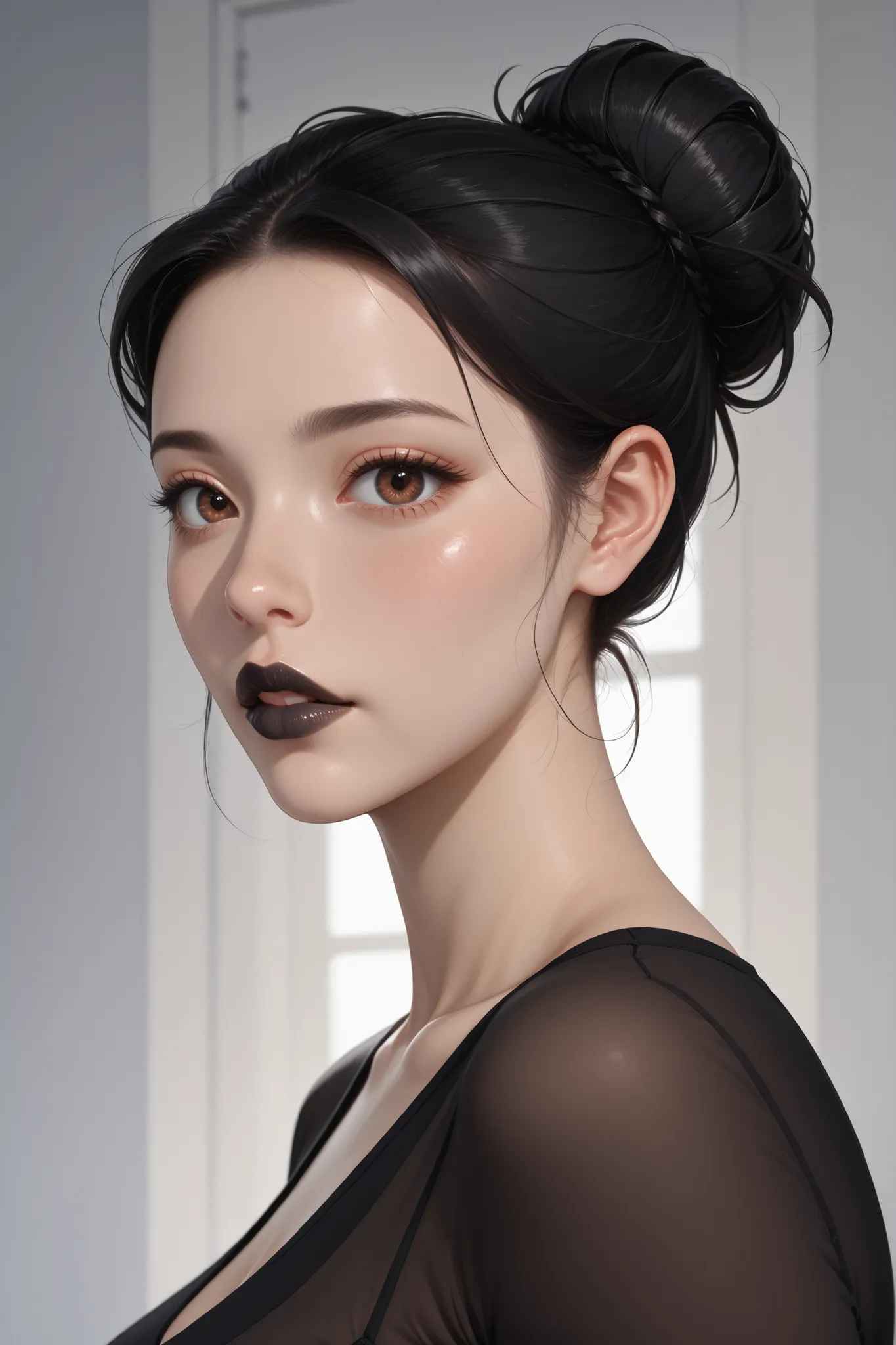 ((Perfect Face, Black Hair Bun, Brown Eyes, Black Thick Lips, Female Beautiful))