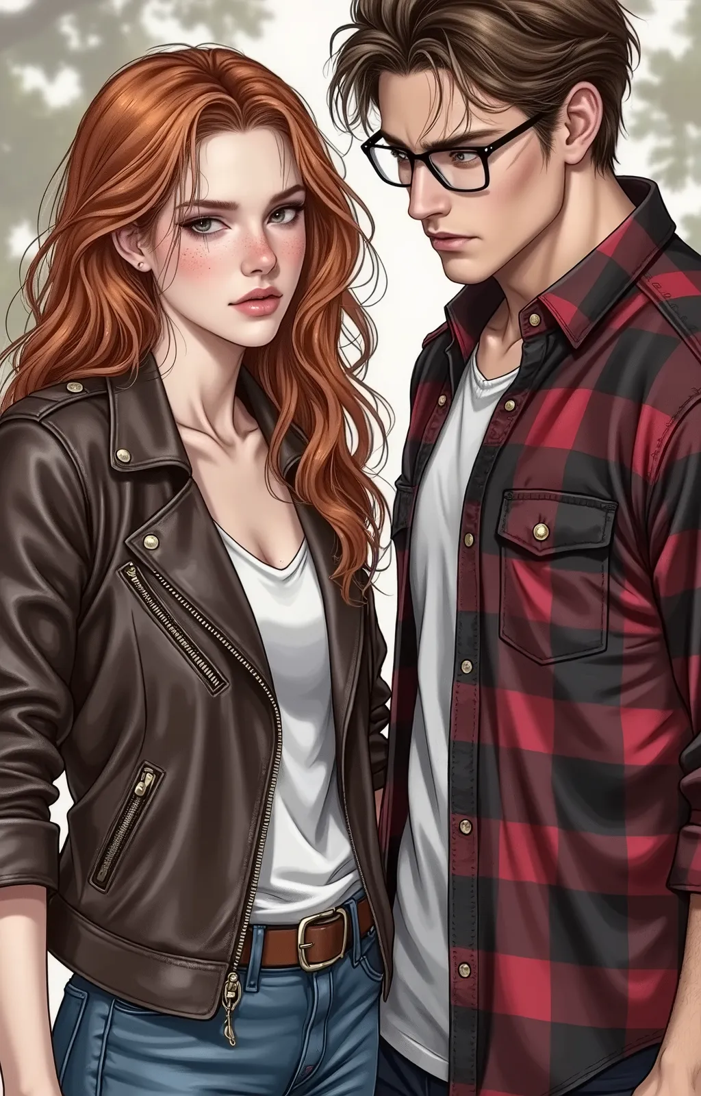 A couple on a university campus, she looks like Abigail Cowen (slightly disheveled wavy red hair, blue eyes and some freckles on her face) she's looking ahead with a vengeful look, she wears a leather jacket and jeans. The man looks like Milo Manheim, alto...