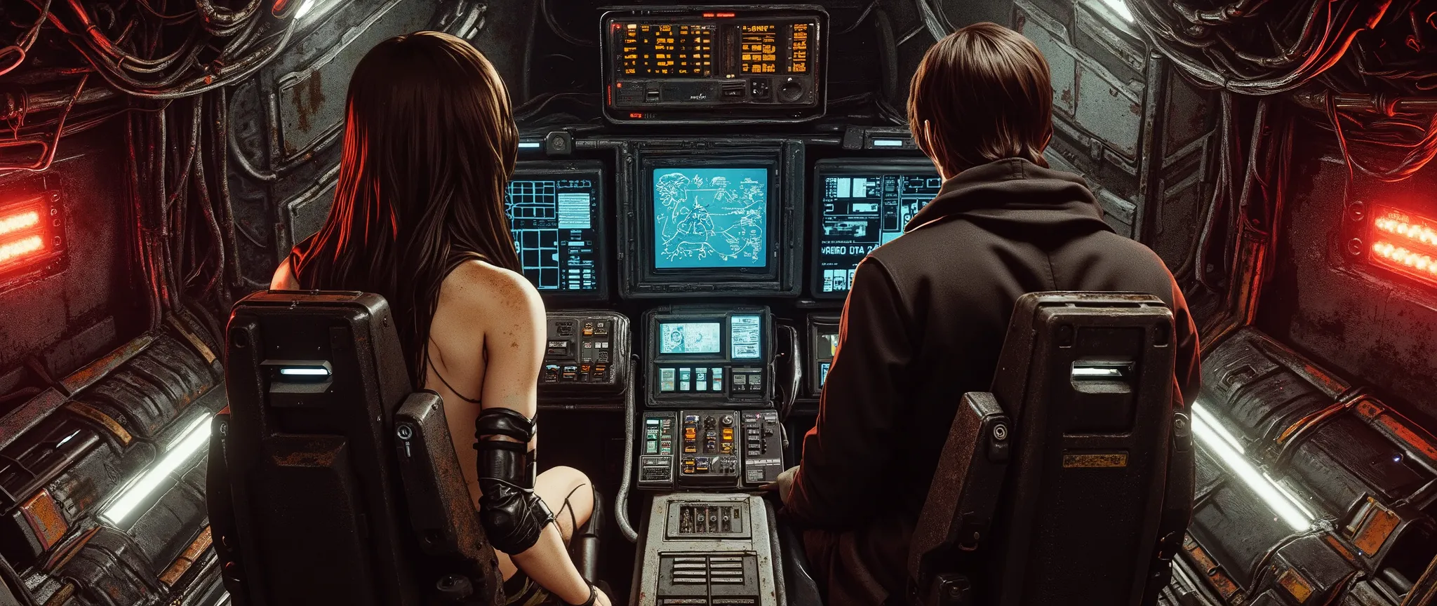 A high-quality masterpiece, stylized as a 90s anime with cel shading and no gradients. The interior of a small, rustic spaceship cockpit from a dystopian cyberpunk future (circa 2070). The cockpit is cramped, with exposed wires, matte black panels, old ste...