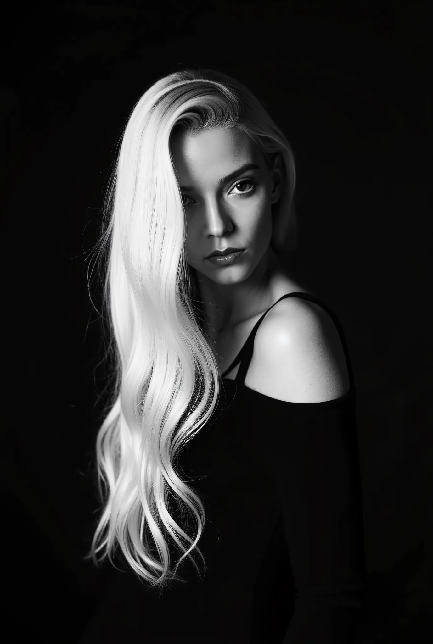 In a monochromatic setting, a girl showcases striking long, blonde hair that flows freely over their shoulders. The hair is characterized by its smooth texture and subtle layers, catching the light in gentle highlights that contrast against a shadowy backd...