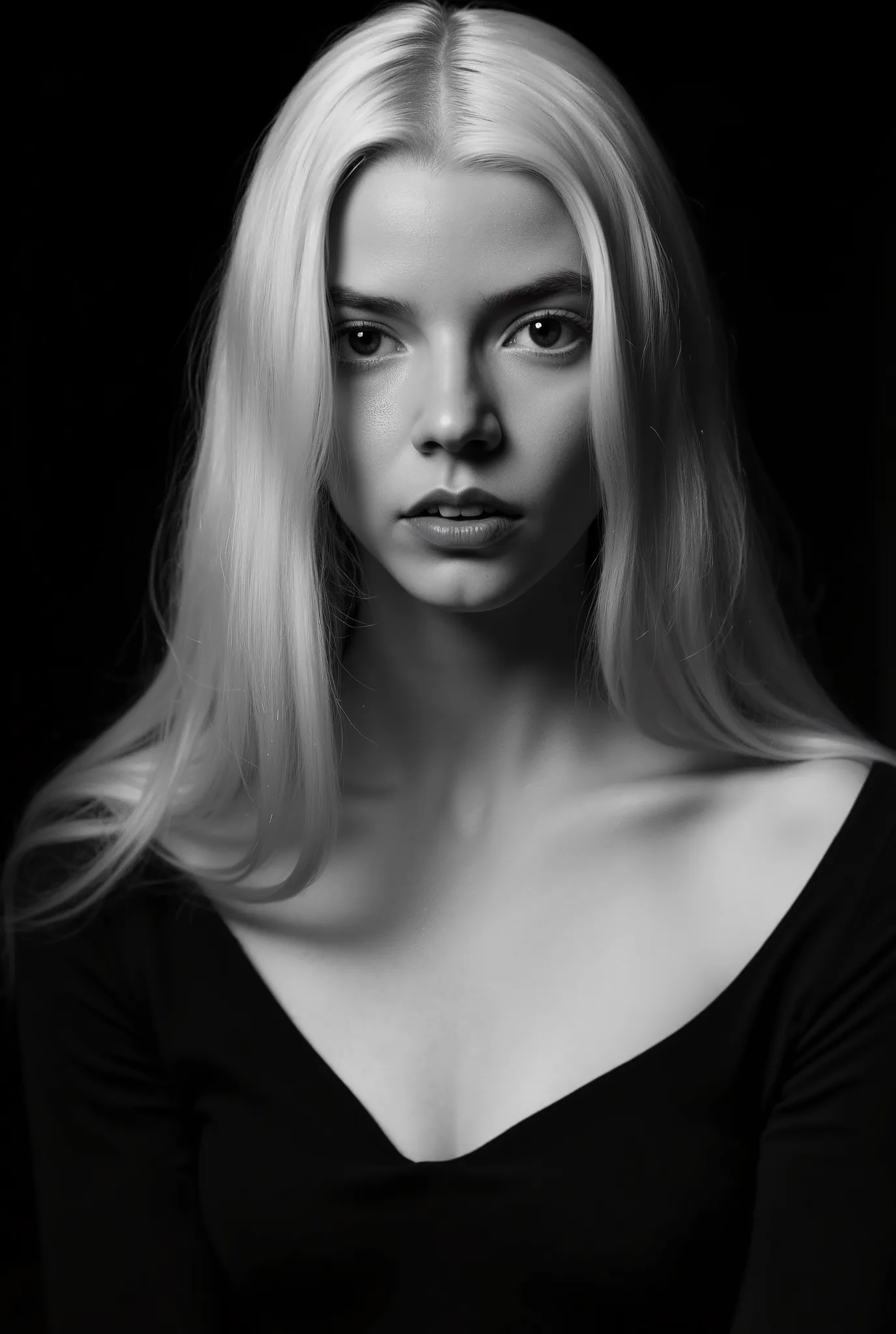 In a monochromatic setting, a girl showcases striking long, blonde hair that flows freely over their shoulders. The hair is characterized by its smooth texture and subtle layers, catching the light in gentle highlights that contrast against a shadowy backd...
