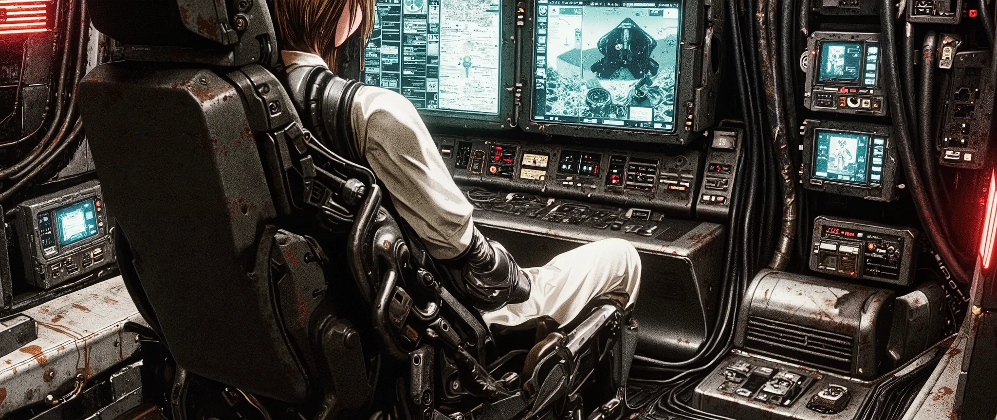 A high-quality masterpiece, stylized as a 90s anime with cel shading and no gradients. The interior of a small, rustic spaceship cockpit from a dystopian cyberpunk future (circa 2070). The cabin is cramped, with exposed wires, matte black panels, and old s...