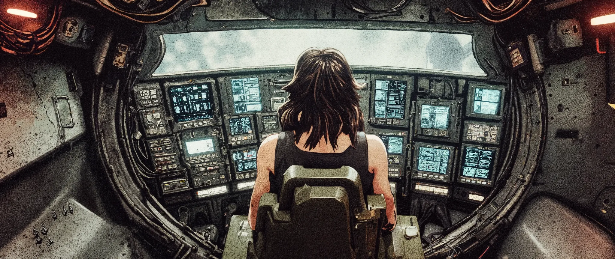 A high-quality masterpiece, stylized as a 90s anime with cel shading and no gradients. The interior of a small, rustic spaceship cockpit from a dystopian cyberpunk future (circa 2070). The cabin is cramped, with exposed wires, matte black panels, and old s...