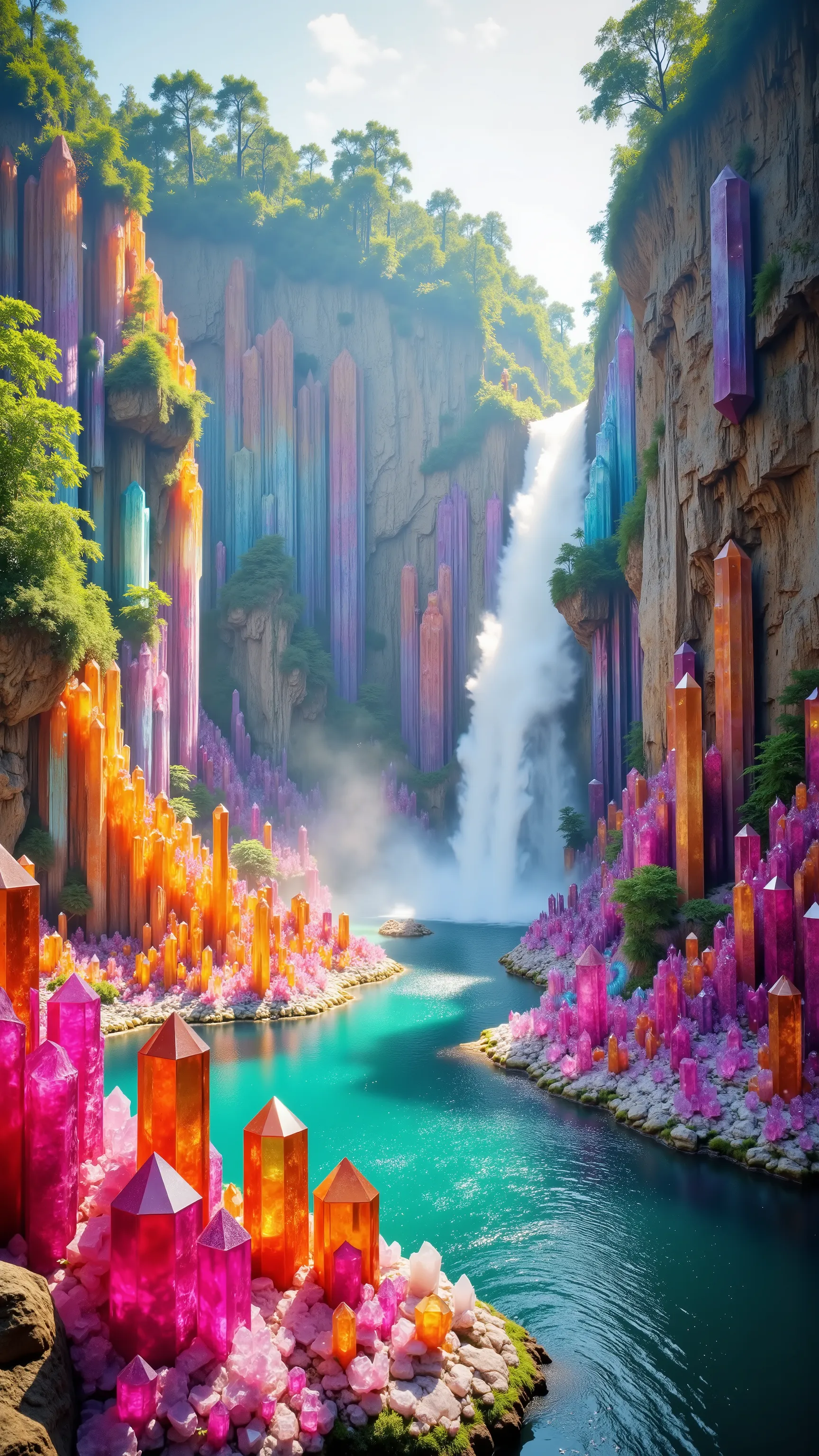 ***Use the lagoon and waterfall in the image provided, a cliff that is 300 feet tall made up of gigantic quartz crystal points that are multicolored pillars in a tropical rainforest. In the middle of these skyscraper sized quartz crystals is an incredible...