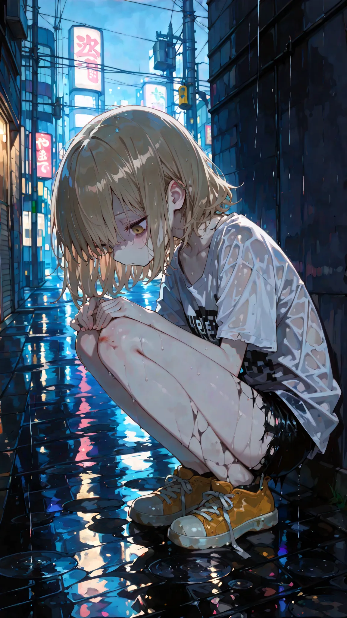 Cute, 748cm style, ruanyi0935, night, puddle, rain, (masterpiece: 1.2), (top quality), (beautiful and detailed eyes: 1.2), ((1 beautiful girl)), (highly detailed CG), (highly detailed), (highly detailed and beautiful: 1.2), (perfect detail: 1.2), (amazing ...