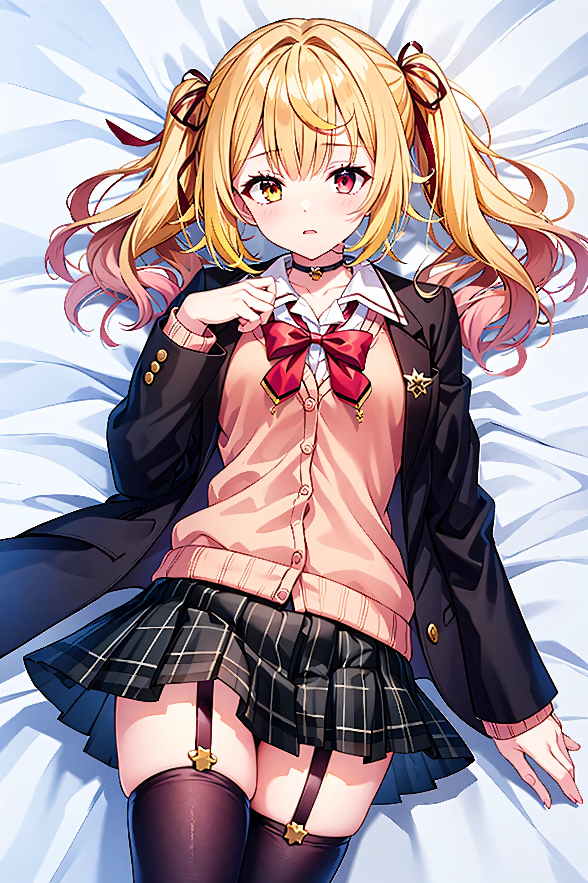 1 person, Red Eyes, yellow eyes, Blonde, twin tails, Medium Hair, hair bow, pink cardigan, Dark Brown Blazer, black thigh high socks, plaid skirt , black choker, garter belt, school uniform, white sheets, Lie on your back, Embarrassing, Red cheeks, Seduci...