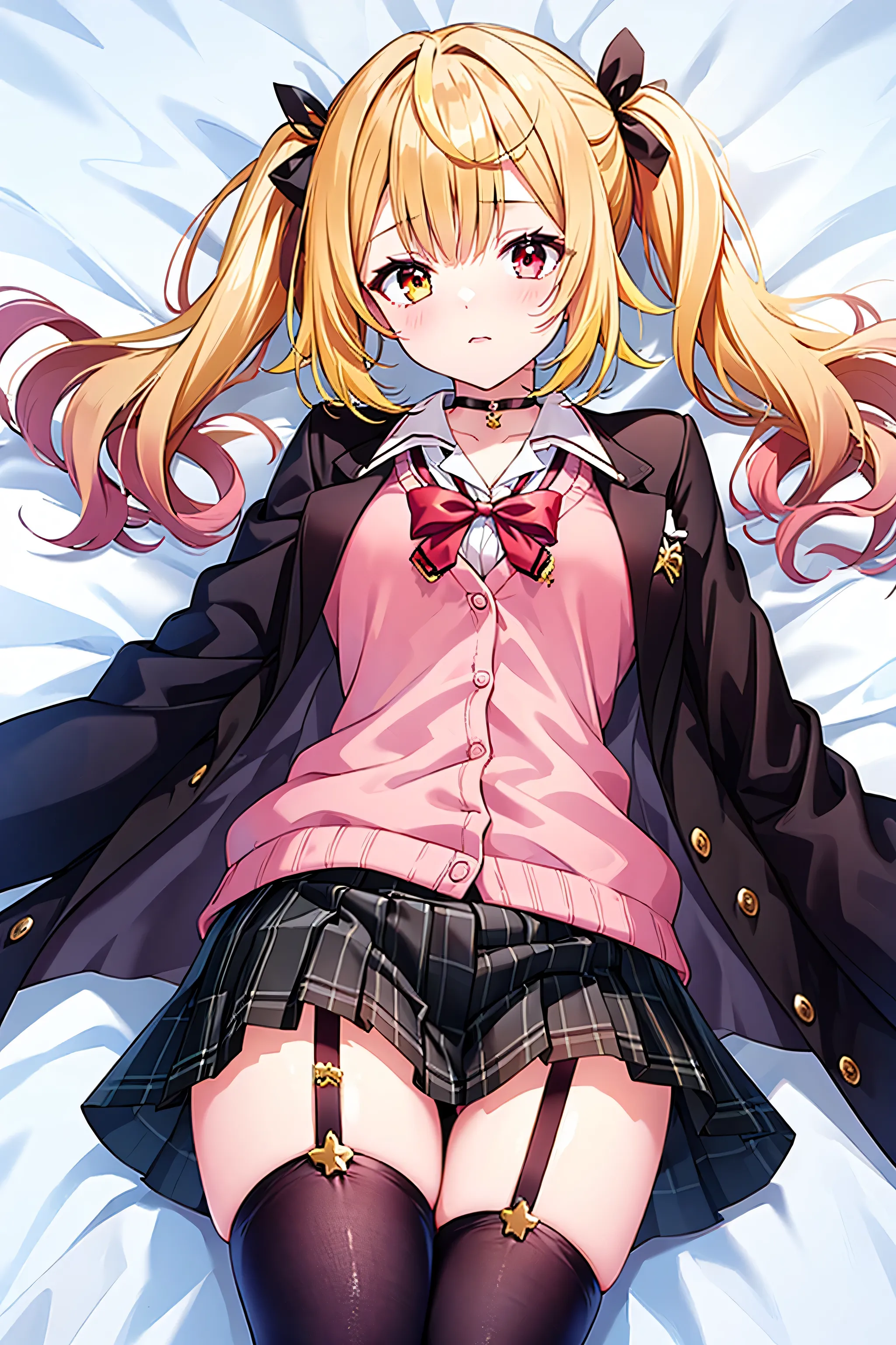 1 person, Red Eyes, yellow eyes, Blonde, twin tails, Medium Hair, hair bow, pink cardigan, Dark Brown Blazer, black thigh high socks, plaid skirt , black choker, garter belt, school uniform, white sheets, Lie on your back, Embarrassing, Red cheeks, Seduci...