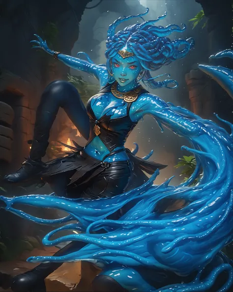 Slender slime-bodysuit. Blue slime-skin-suit/synsuit. Dripping Asian blue slime monster-girl. Aztec monster-girl. Cute Asian slimegirl with Asian red eyes; she has only a slime-braid with white highlights. Sharp teeth. She has a cute and beautiful face. Sh...