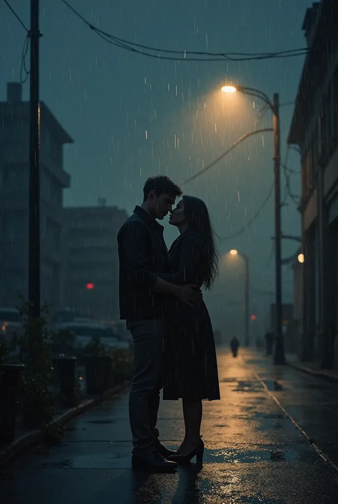 Rain falls softly from a charcoal sky, each droplet a whisper in the night. Under the hazy glow of a distant streetlamp, two figures emerge—drawn to one another as if by fate itself. Their eyes meet through the veil of rain, a silent recognition passing between them. It feels less like chance and more like a page from destiny being turned. In that quiet, rain-soaked moment, the world seems to pause—holding its breath as two souls collide under the shelter of a storm, as if the rain had waited just for them.