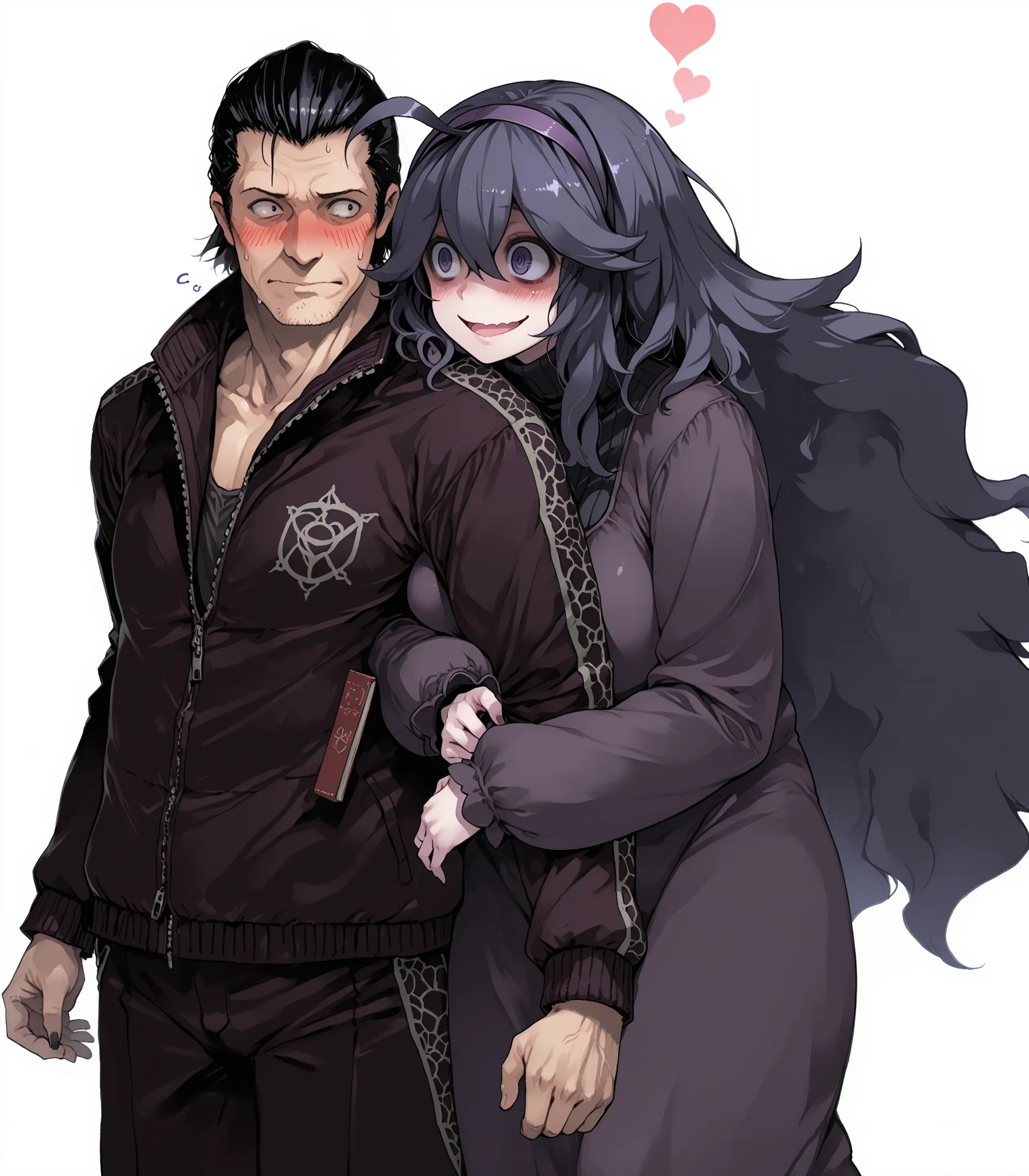 1boy, 1girl, dating, Hex Maniac, Ukyo Tatsuya, source_game, high quality, blushing, confused male, yandere female,